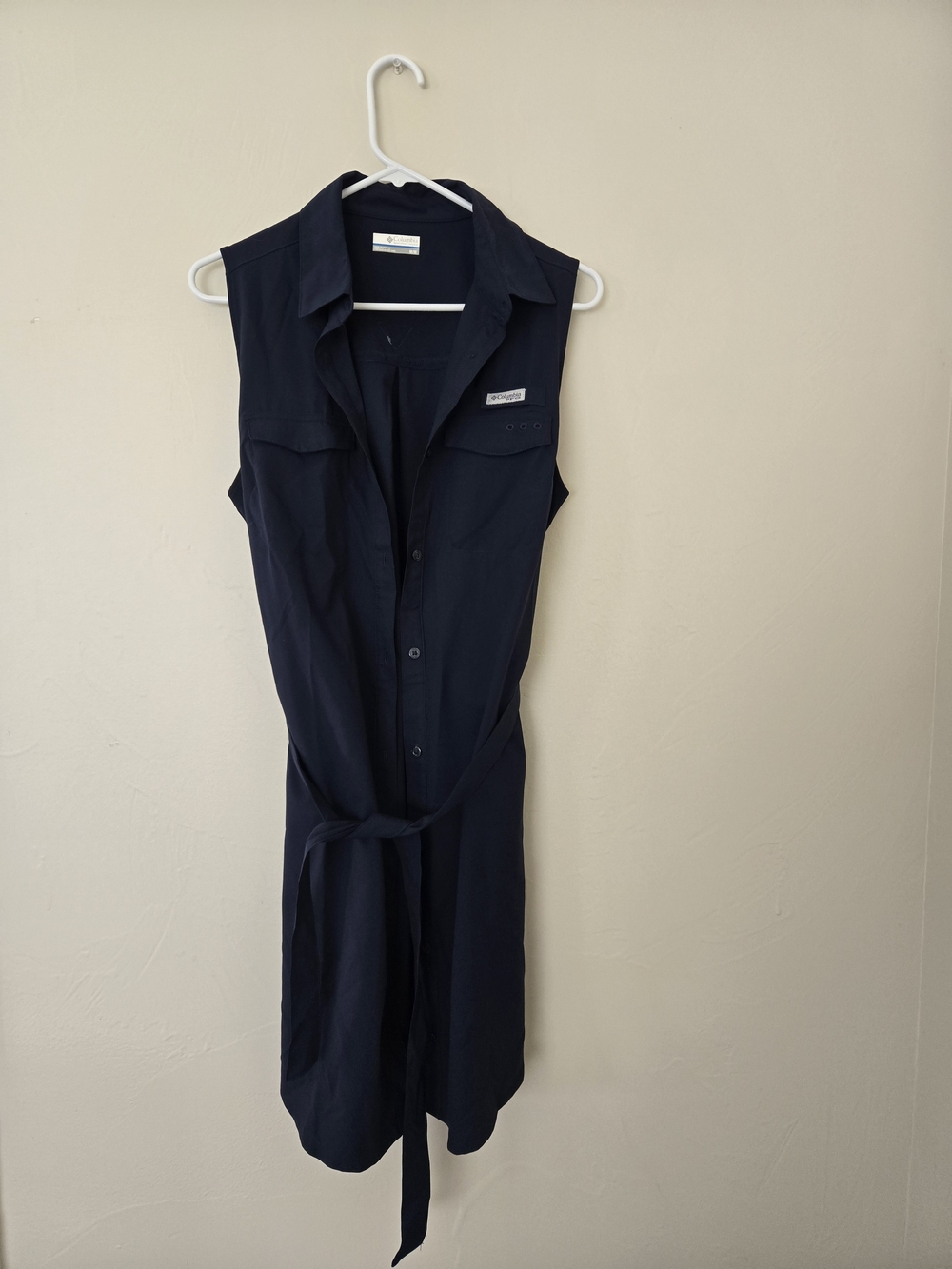 Sleeveless Navy Shirt Dress with Tie Waist